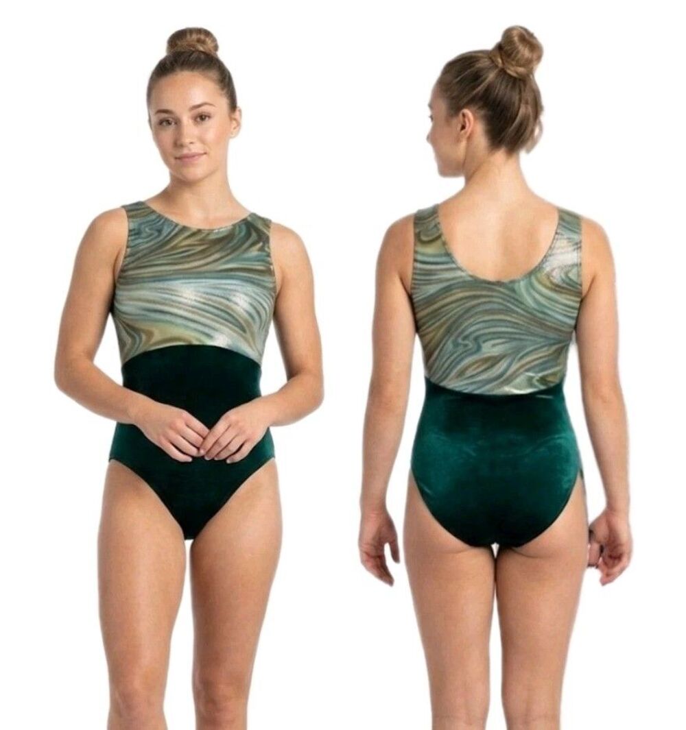 GK Elite VTG Camo Swirl Pixelated Green Velvet Tank Leotard Size AL Scoop Neck